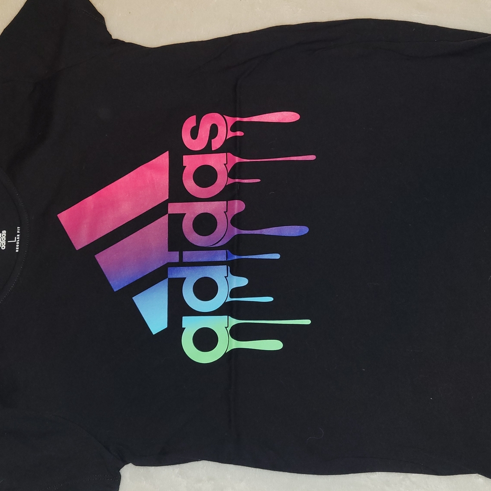 Girls Size L (14) Adidas Black Tee with Multicolor Logo. Excellent Condition - Picture 2 of 5